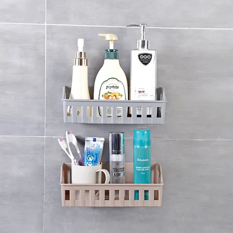 Drill-Free Bathroom Storage Rack Wall Mounted PP Plastic Shower Caddy For Toilet Restroom Hollow Drainage Organizer Shelf
