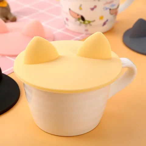 Creative Silicone Cat Ear Cup Lid Reusable Anti-dust Round Mug Cover Heat Resistant Home Office Drinkware Accessory