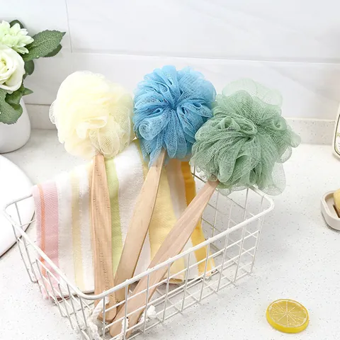 Long Handle Bathing Ball Shower Brush For Body Back Exfoliating Nylon Mesh Sponge With Wood Handle Hanging Rope For Home Bathroom