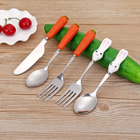 Cute Cartoon Stainless Steel Kids Cutlery Set Ceramic Handle Carrot Rabbit Shape Children Spoon Fork Knife For School Kindergarten