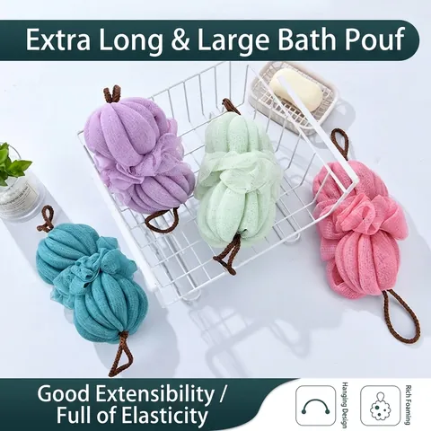 Large Soft Mesh Bath Loofah Sponge Back Scrubber Elongated Shower Ball with Dual Hanging Ropes Exfoliating Body Scrubber for Bathroom Cleaning Accessories