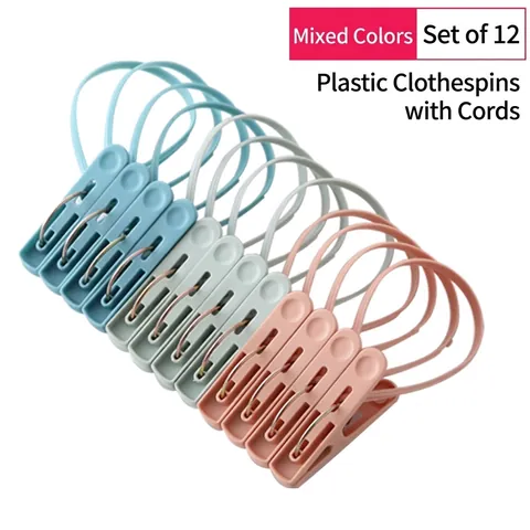 12Pcs Plastic Clothespins With Lanyard Windproof Laundry Drying Clips For Socks Underwear Portable Home Hanger Clothes Pegs