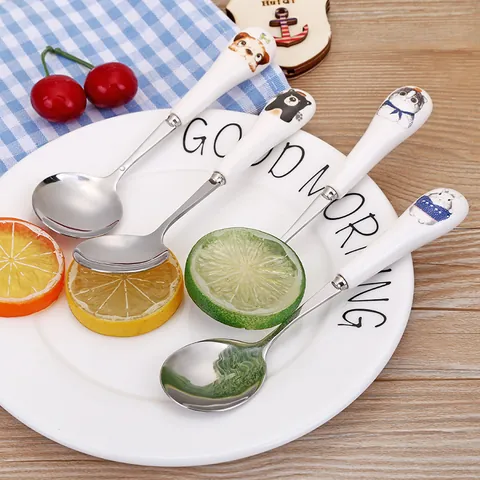 Creative Cartoon Animal Kids Stainless Steel Spoon With Ceramic Handle Japanese Korean Style Children Tableware Spoon