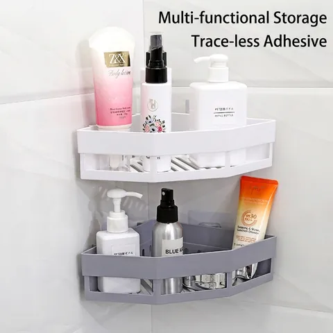 Punch Free Wall Mounted Corner Shelf Triangle Plastic Bathroom Storage Rack Adhesive Shower Caddy Kitchen Spice Organizer