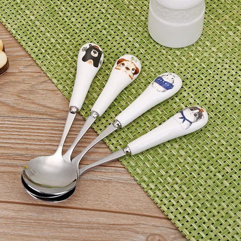 Creative Cartoon Animal Kids Stainless Steel Spoon With Ceramic Handle Japanese Korean Style Children Tableware Spoon