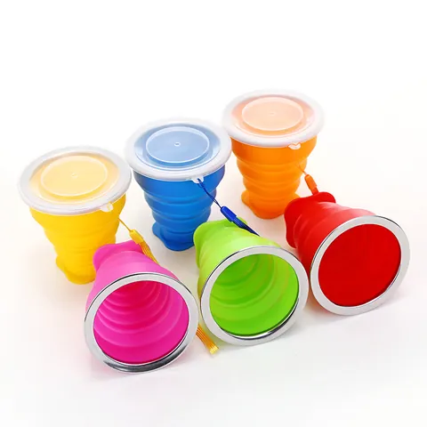 Portable Silicone Folding Cup With Lid Stainless Steel Rim Telescopic Travel Drinking Mug For Outdoor Camping Hiking Office