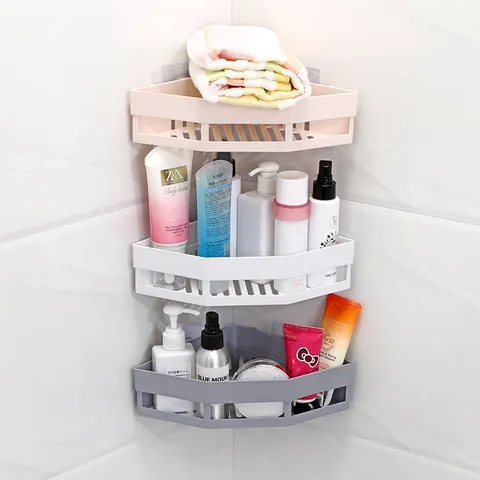 Punch Free Wall Mounted Corner Shelf Triangle Plastic Bathroom Storage Rack Adhesive Shower Caddy Kitchen Spice Organizer