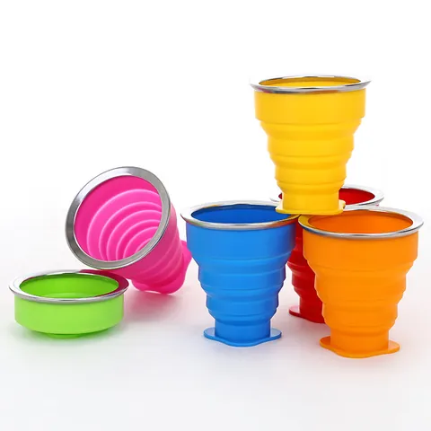 Portable Silicone Folding Cup With Lid Stainless Steel Rim Telescopic Travel Drinking Mug For Outdoor Camping Hiking Office