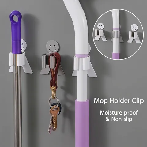 Supporto per Scopa a Muro in Plastica a Faccina Sorridente Gancio Adesivo per Mocio Senza Foro per Organizzazione Bagno Cucina