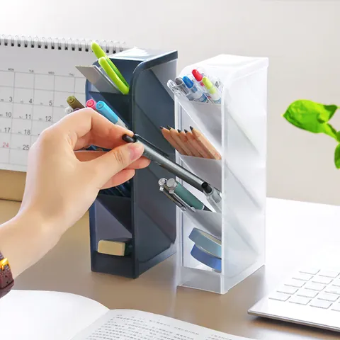 Frosted Slanted Desk Organizer Plastic Stationery Pen Holder Multi Grid Desktop Storage Box For Makeup Brush Office Supplies