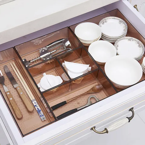 Japanese Amber Transparent PS Plastic Drawer Organizer Bins For Kitchen Cutlery Makeup Cabinet Stackable Storage Boxes