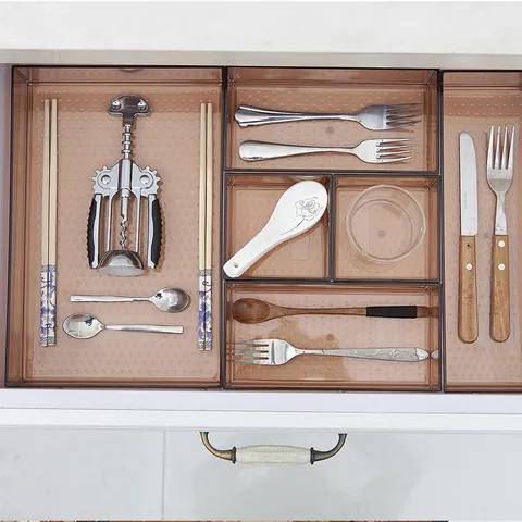 Japanese Amber Transparent PS Plastic Drawer Organizer Bins For Kitchen Cutlery Makeup Cabinet Stackable Storage Boxes