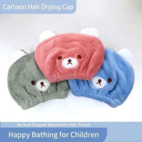 Children's Hair Drying Cap Cute Bear Cartoon Embroidery Absorbent Thickened Coral Velvet Shower Hat For Kids Bathroom Home