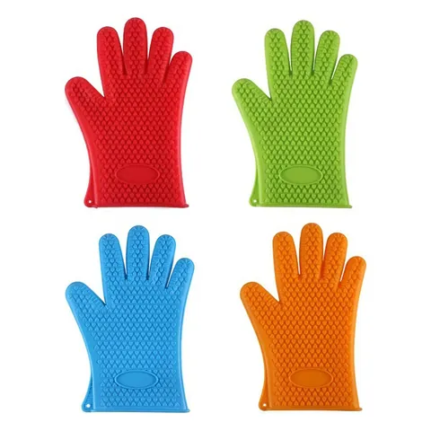 Heat Resistant Silicone Oven Mitts Non-slip Heart Pattern Kitchen Baking Gloves Five Finger Design For Cooking Microwave