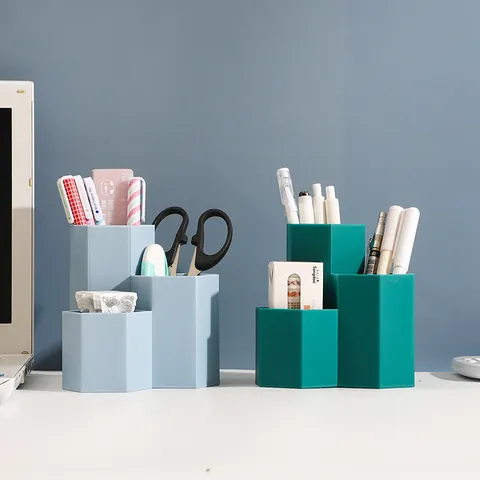 Geometric Hexagon 3 Compartment Pen Holder Stepped Plastic Desktop Organizer For Stationery Makeup Brush Storage Pot