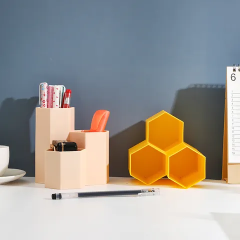 Geometric Hexagon 3 Compartment Pen Holder Stepped Plastic Desktop Organizer For Stationery Makeup Brush Storage Pot