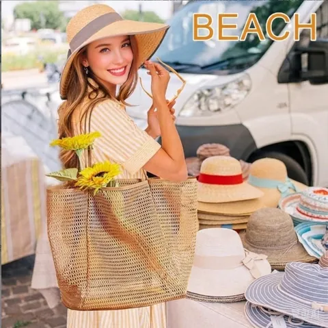Sac de Plage en Maille Grande Capacité Sac Fourre-tout Pliable en Nylon Portable pour Natation Voyage Stockage