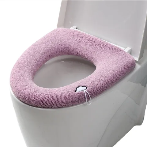 Universal Thickened Knitted Toilet Seat Cover With Cloud Handle Embroidery Washable Warm Soft Polyester Commode Seat Pad
