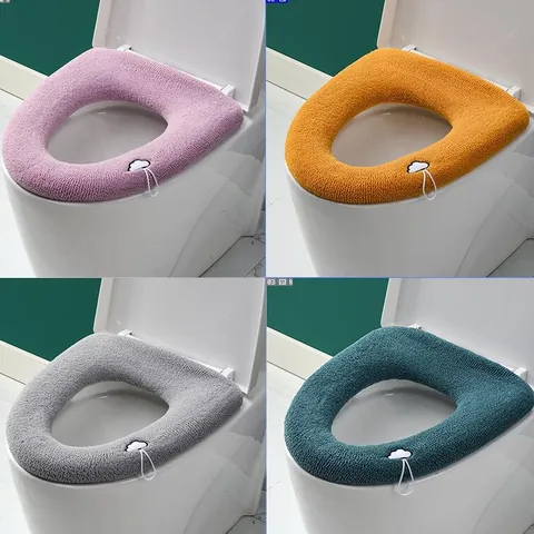 Universal Thickened Knitted Toilet Seat Cover With Cloud Handle Embroidery Washable Warm Soft Polyester Commode Seat Pad