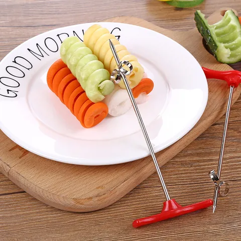 Stainless Steel Vegetable Spiral Slicer Manual Fruit Twist Cutter Tool With Red Handle For Creative Kitchen Cooking