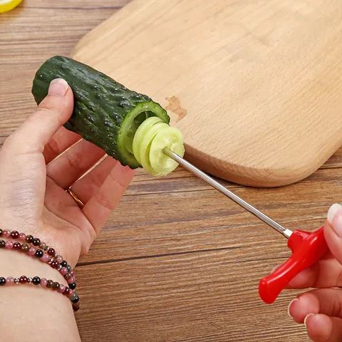 Stainless Steel Vegetable Spiral Slicer Manual Fruit Twist Cutter Tool With Red Handle For Creative Kitchen Cooking