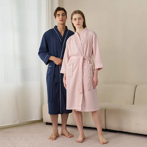 Peignoir Gaufré en Polyester pour Couples Séchage Rapide Manches Trois-Quarts Long Peignoir de Spa pour Hôtel Et Maison Haut Doux