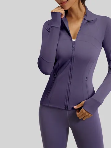 Damen Yoga Jacke Slim Fit Hochelastisch Atmungsaktiv Langarm Sportjacke mit Doppelreißverschluss Taschen Lauf Fitness Top