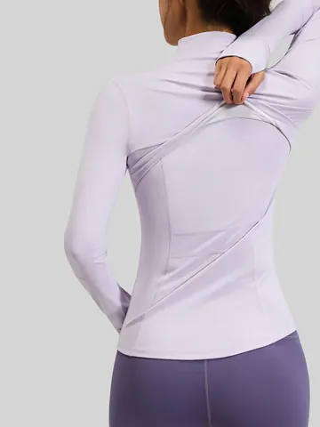 Damen Yoga Jacke Slim Fit Hochelastisch Atmungsaktiv Langarm Sportjacke mit Doppelreißverschluss Taschen Lauf Fitness Top