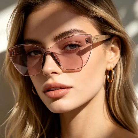 Rimless Irregular Cat Eye Sunglasses For Men Women Fashion Outdoor Sunshade Glasses With Metallic Rice Nails Decoration