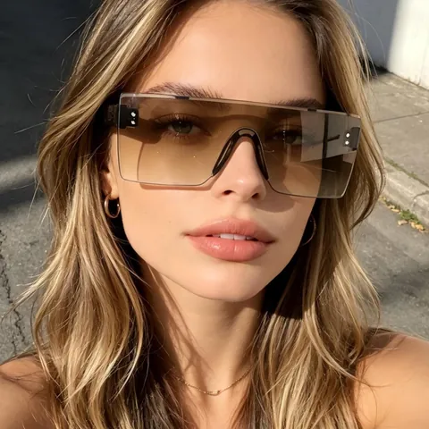 Vintage Rimless Rectangular Sunglasses For Unisex Fashion One-Piece Shield Eyewear With Lattice Texture Temple UV400 Streetwear Shade