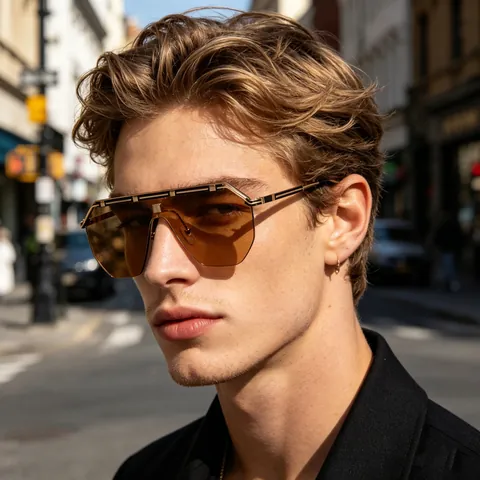 Retro One Piece Shield Sunglasses For Men Metal Frame Oversized Goggles Fashion Street Style UV400 Protection Sun Glasses