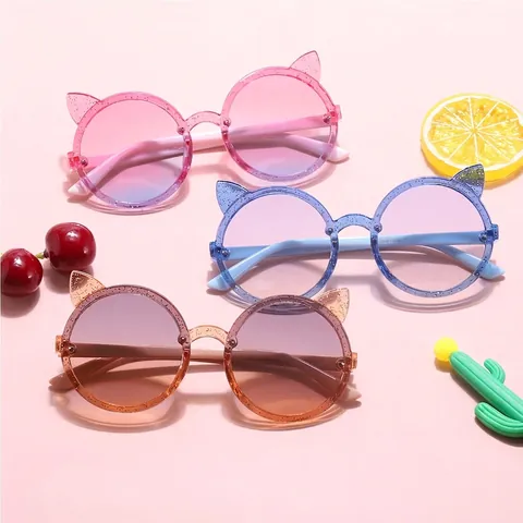 Cute Cat Ear Shape Kids Sunglasses Jelly Color Glitter Round Frame Gradient Ocean Lens UV400 Protection Shades for Girls Boys