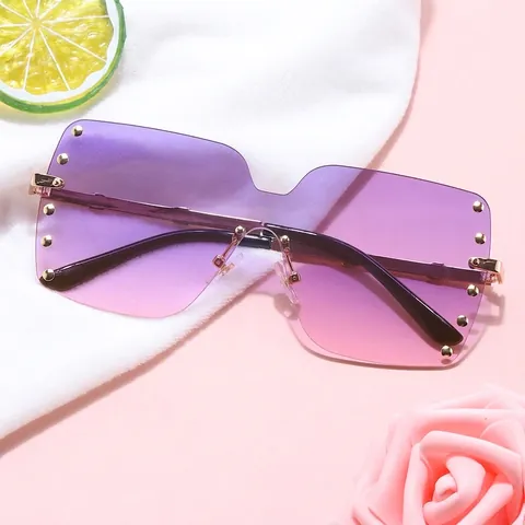 Randlose Nieteneinteilige Sonnenbrille Für Damen Oversized Metallrahmen AC-Linse Europäische Mode Sonnenschutzbrille