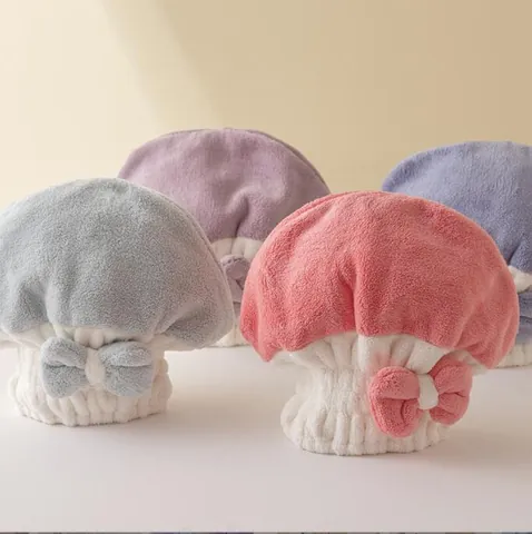 Super Absorbent Coral Fleece Hair Drying Cap For Women Cute Bowknot Color Block Quick Dry Microfiber Hair Wrap Towel Bath Cap