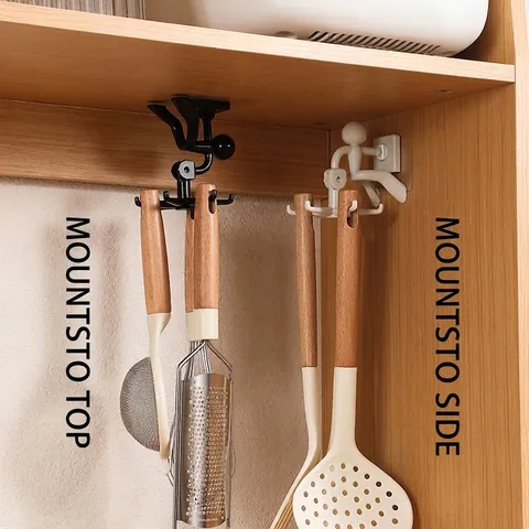 360 Rotating 6-Claw Kitchen Hook Humanoid Design Self Adhesive Wall Mounted Punch Free Storage Rack For Utensils Bathroom