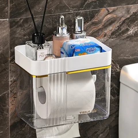 Boîte à Mouchoirs Murale de Luxe Léger Imperméable Salle de Bain Porte-papier Toilette Avec Étagère de Rangement Supérieure Sans Perçage Organisateur en Plastique