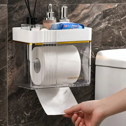 Boîte à Mouchoirs Murale de Luxe Léger Imperméable Salle de Bain Porte-papier Toilette Avec Étagère de Rangement Supérieure Sans Perçage Organisateur en Plastique