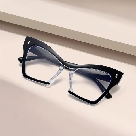 Fashion Unisex Cat Eye Large Frame Anti Blue Light Eyeglasses Frame Color Block PC AC Glasses For Men Women Plain Eyewear