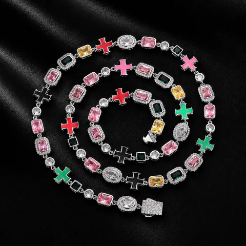 Herren Hip Hop 8mm Bunte Zirkonia Halskette Gold Silber Vergoldet Kupferkette Mit Kreuz Anhänger Mode Schmuck