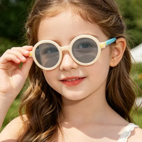 Trendy Ronde Kinderzonnebril Kleurblok Ontwerp UV400 Beschermende Bril Voor Jongens Meisjes Buitenreizen Mode Zonnebril
