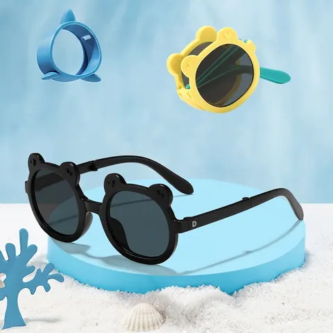 Kids Foldable Cartoon Bear Ear Sunglasses UV400 Round Frame PC AC Portable Sun Glasses For Boys Girls Summer Outdoor Travel