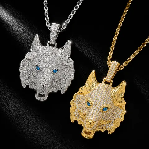 Uomini Hip Hop Collana con Pendente a Testa di Lupo Rame Zirconia Animale Collana Dichiarazione Vintage Punk Gioielli Regalo