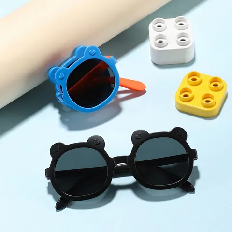 Kids Foldable Cartoon Bear Ear Sunglasses UV400 Round Frame PC AC Portable Sun Glasses For Boys Girls Summer Outdoor Travel
