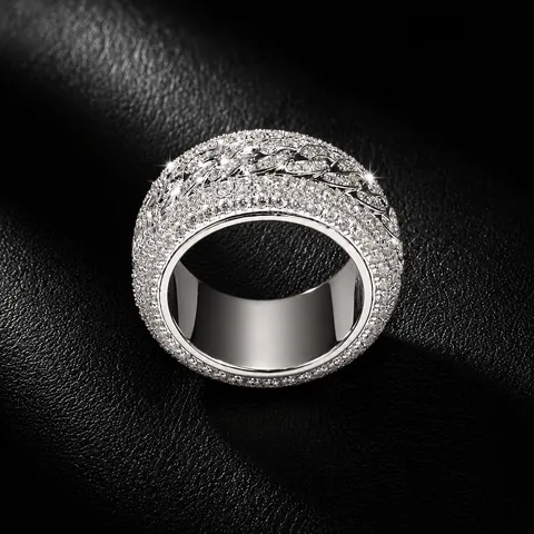 Bague Hip Hop Iced Out Rotative Maille Cubaine en Cuivre Incrusté de Zirconia Homme Personnalisé Tendance Bijoux