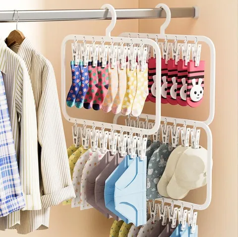 Plastic Multi-Clip Sock Drying Rack Windproof Hanging Laundry Organizer For Socks Underwear Hats Household Drying Hanger
