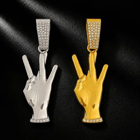 Hip Hop Alloy Three Finger Hand Gesture Pendant Necklace Men Street Rap Iced Out Rhinestone Cuban Chain Gold Silver Plated Jewelry