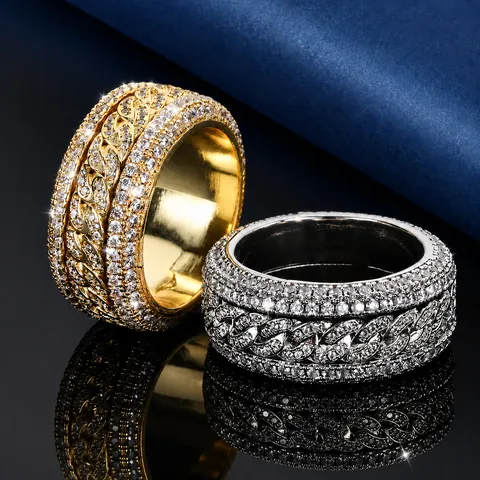 Bague Hip Hop Iced Out Rotative Maille Cubaine en Cuivre Incrusté de Zirconia Homme Personnalisé Tendance Bijoux