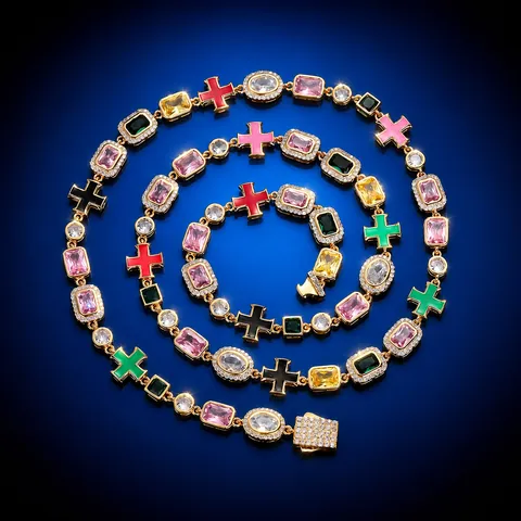 Herren Hip Hop 8mm Bunte Zirkonia Halskette Gold Silber Vergoldet Kupferkette Mit Kreuz Anhänger Mode Schmuck