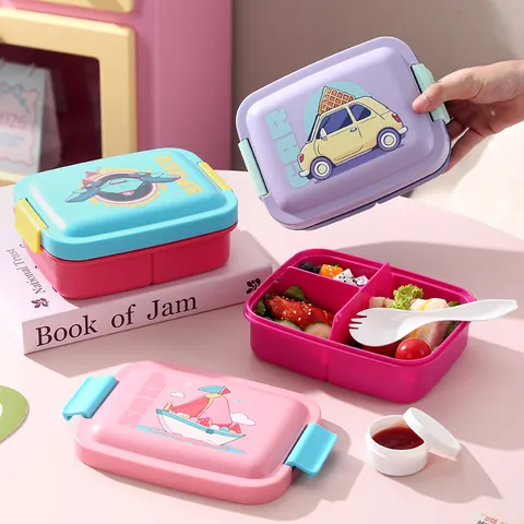Cartoon 3 Compartment Plastic Lunch Box Microwave Safe Portable Bento Box for Students Office Workers Outdoor Picnic Storage