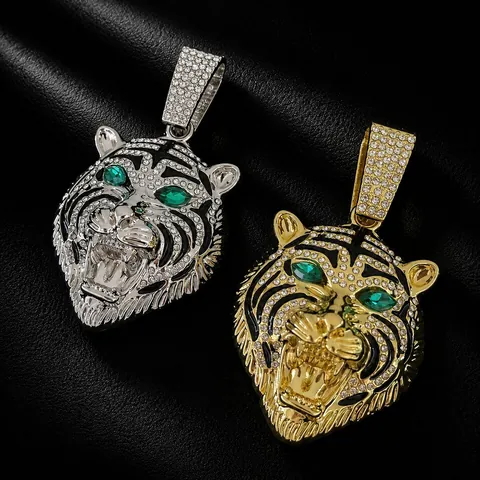 Hip Hop Iced Out Legierung Strass Tigerkopf Anhänger Halskette mit Grünen Augen Panzerkette Schmuck für Herren Gold Silber